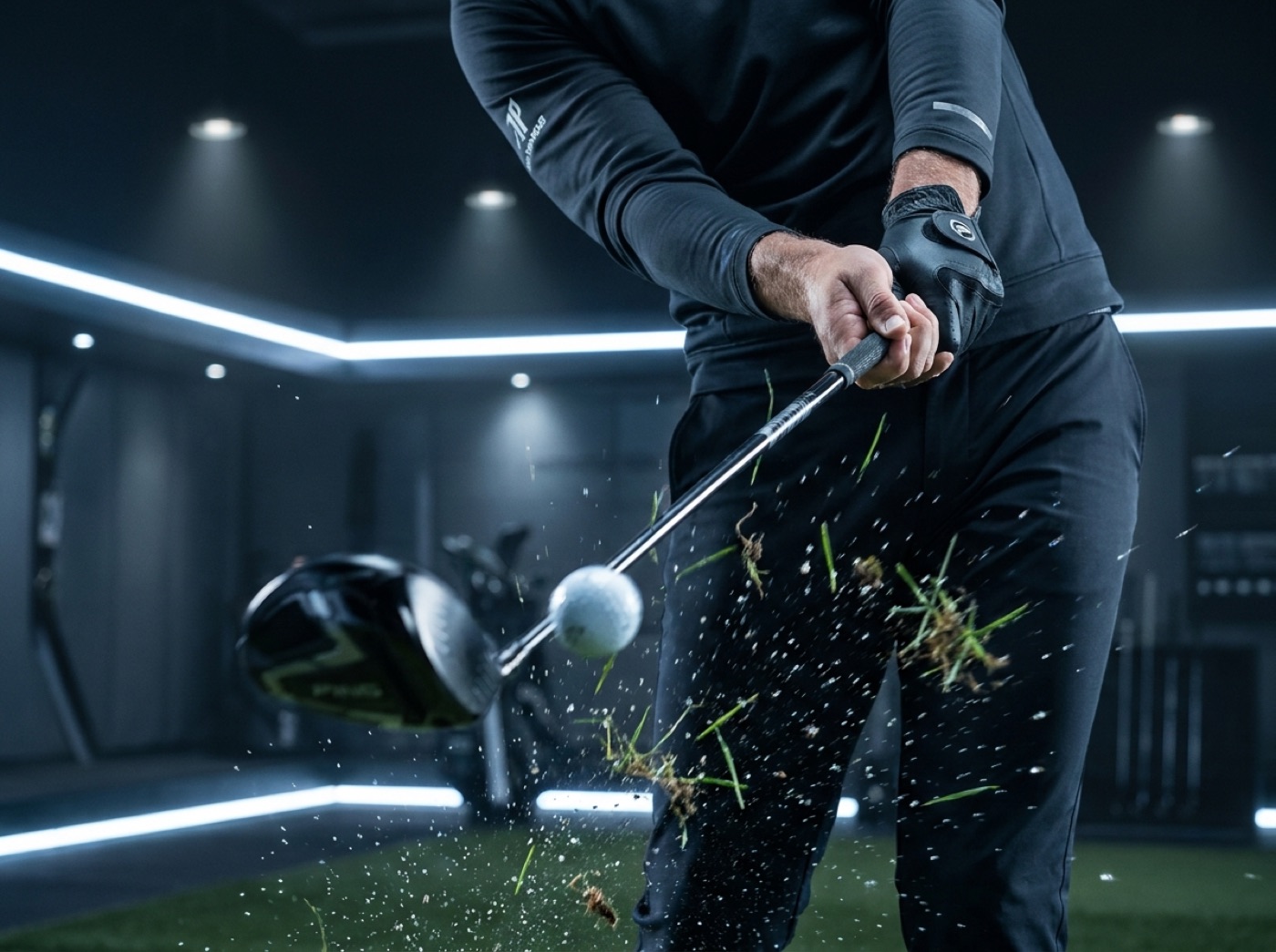 A golfer at impact in a coaching studio bay