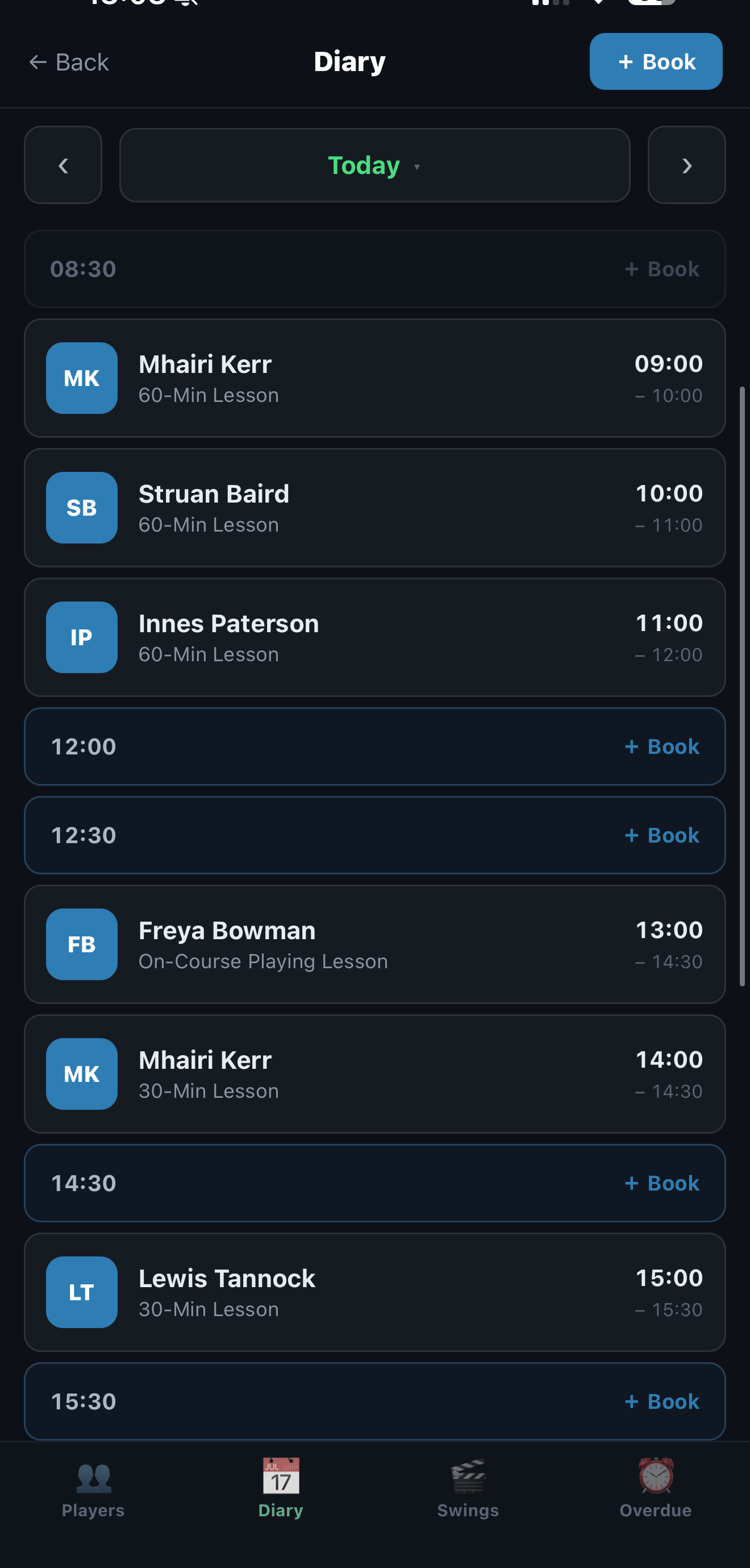 The CoachOS app showing a coach's day: six lessons with players' names and times, and free slots ready to book into.