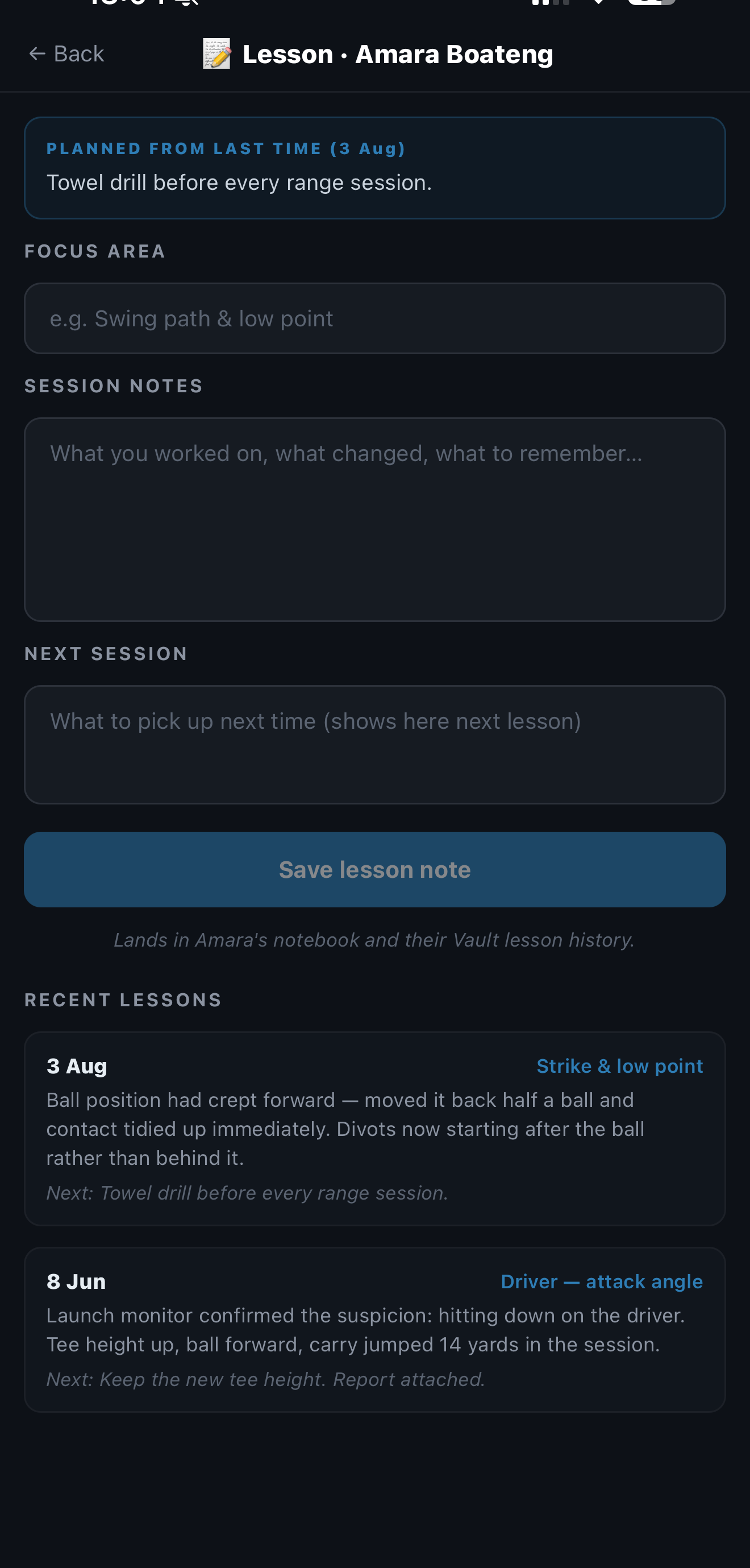 The CoachOS app: writing a lesson note, with the plan from the previous session shown above and recent lessons below.