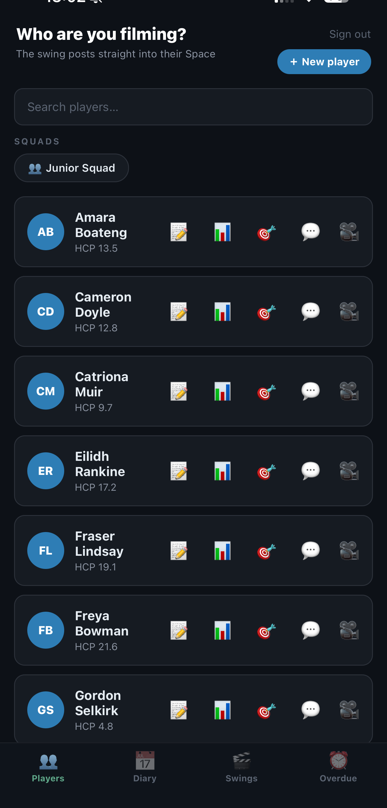 The CoachOS app: the coach's player list, each row with shortcuts to notes, stats, goals, messages and filming.