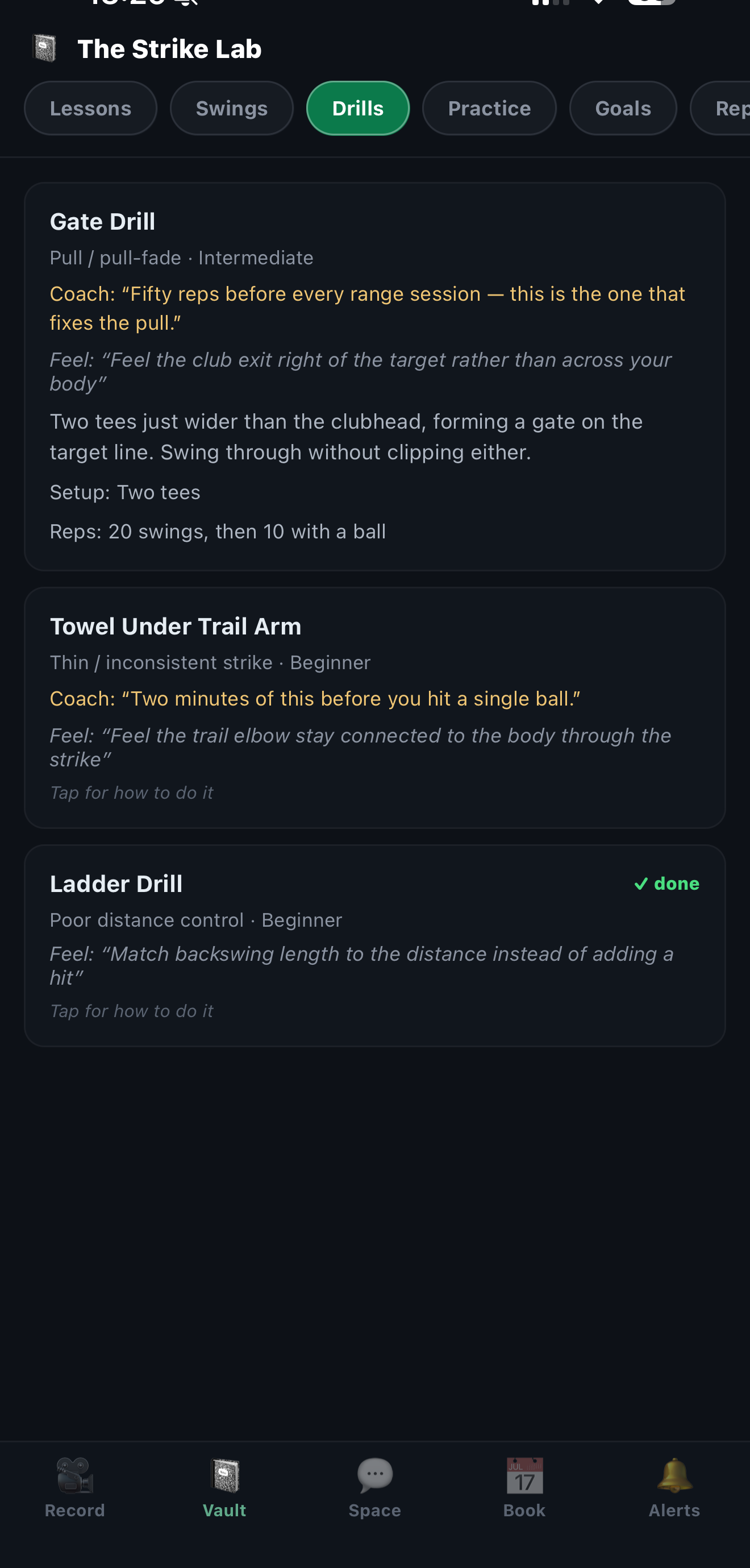 The CoachOS app: drills assigned to a golfer, each with a coach note and a feel cue.