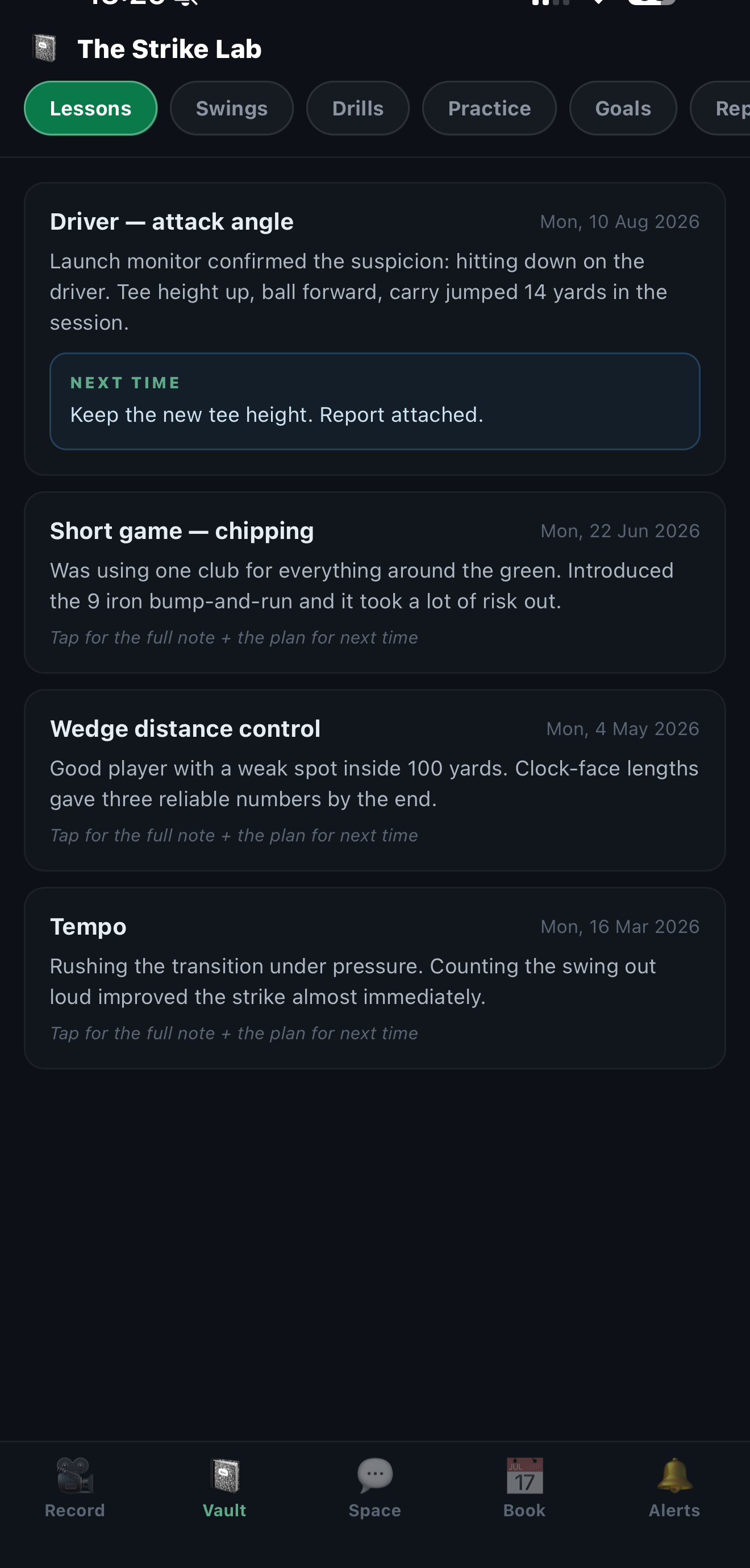 The CoachOS app: a golfer's lesson history, with the coach's plan for next time.
