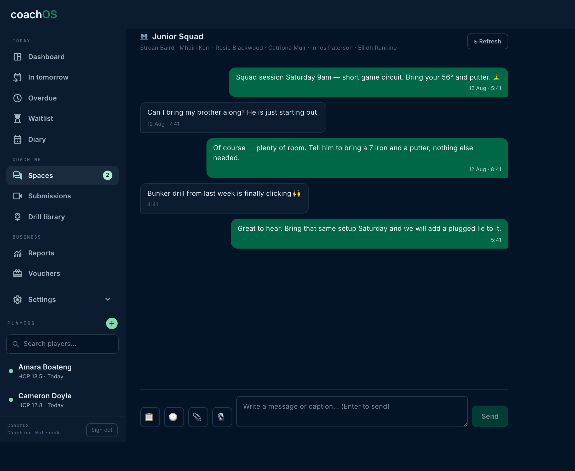 A CoachOS squad Space: the Junior Squad thread with six members, the coach posting session details and players replying.