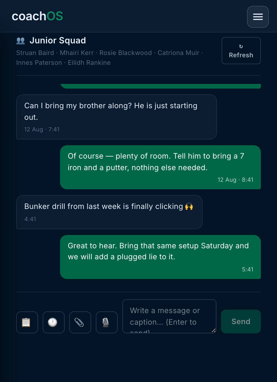 A squad Space in the CoachOS app: the Junior Squad thread with six members and a live conversation.
